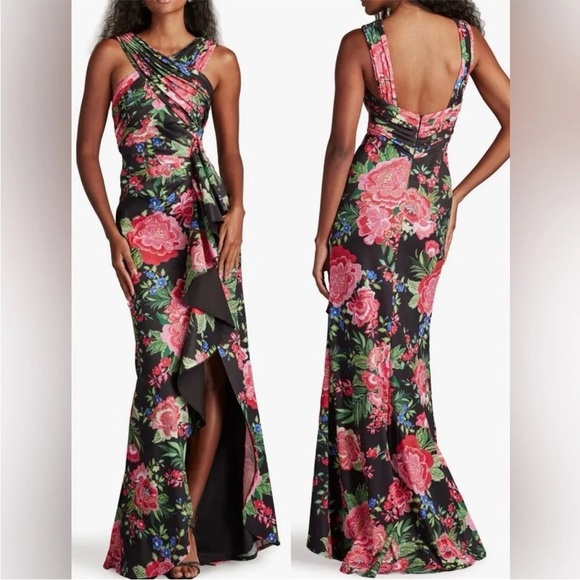 Tadashi Shoji Elarra Floral Waterfall Flounce Gown SzL